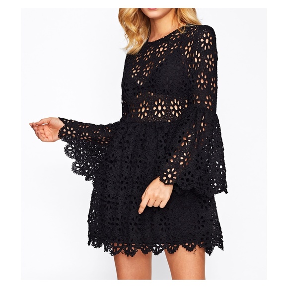 Black Trumpet Sleeve Eyelet Lace Dress - Picture 3 of 4